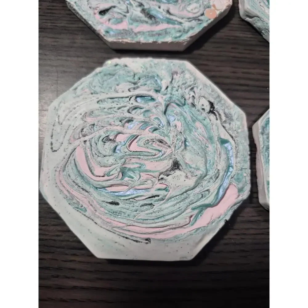 4 Teal/Pink White Marbled Eco Resin Stone Look Hexagon Coasters 4” Handmade